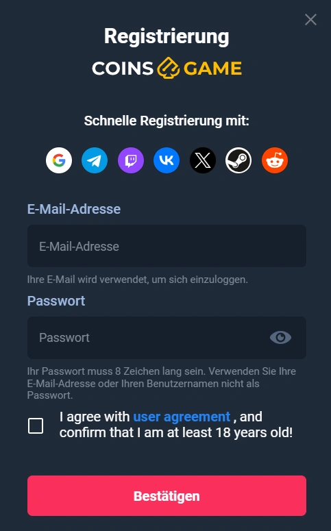 Coins Game Casino Registrierungsprozess schritt 1